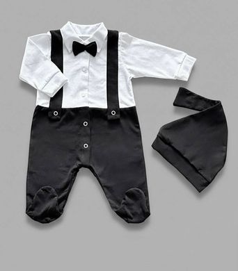 Літній комплект нарядний комбінезон та шапочка Джентельмен BabyStarTex, білий/чорний, кулір-літній, Хлопчик, белый/черный, 56-62