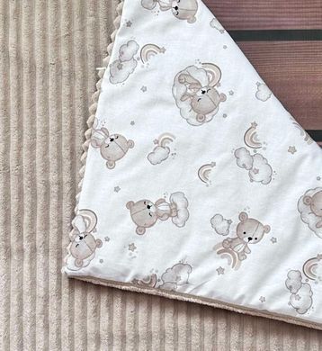 Теплый конверт-плед со съемным синтепоном и бантом BabyStarTex, капучино плюш/мишки на облачке с радугой, Мальчик, 90х80