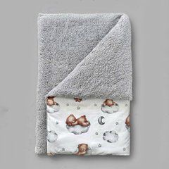 Зимний теплый плед из меха Тедди и съемным утеплителем, серый/мишки спят на облачке, Унисекс