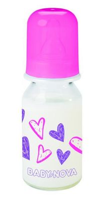 Пляшка скляна, соска силікон Декор Baby - Nova, 125 мл, Дівчинка, Рожевий, 125мл