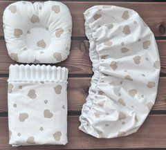 Набор для коляски наматрасник, подушка и плед Babystartex, белый/сердечки коричневые, Унисекс, для коляски