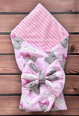 Теплый конверт-плед со съемным синтепоном и бантом BabyStarTex, розовый плюш/розовый мишка girl, Девочка, 90х80