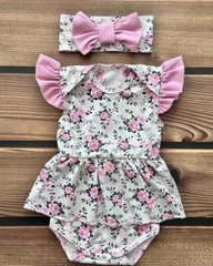 Боди-платье короткий рукав Розочки розовые + повязка Babystartex, розовые крылышки, кулир, Девочка, 56-62