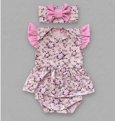 Боди-платье короткий рукав Розочки розовые + повязка Babystartex, розовые крылышки, кулир, Девочка, 56-62