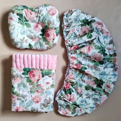 Набор для коляски наматрасник, подушка и плед Babystartex, розовый плюш/цветы розы, Девочка, для коляски