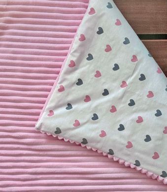 Теплый конверт-плед со съемным синтепоном и бантом BabyStarTex, розовый плюш/розовые и серые сердечки, Девочка, 90х80