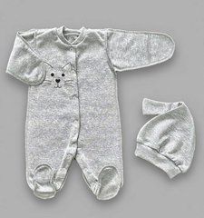 Комбинезон и шапочка Babystartex, футер, серый/мордочка кошечки, Унисекс, 56