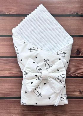 Теплый конверт-плед со съемным синтепоном и бантом BabyStarTex, белый плюш/бутылочки Milk, Унисекс, 90х80