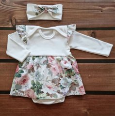 Боди-платье длинный рукав Цветочки + повязка (молочный), Babystartex, интерлок, Девочка, 56-62