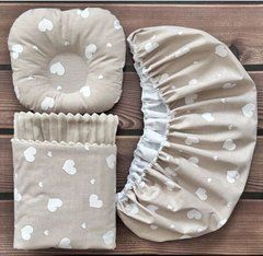 Набор для коляски наматрасник, подушка и плед Babystartex, капучино плюш/коричневый сердечки белые, Унисекс, для коляски