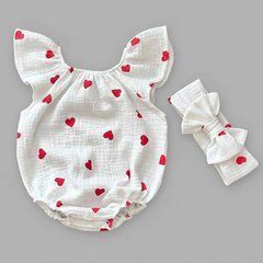 Боди + повязка для девочки Babystartex, муслин, белый/сердечки красные, Девочка, 68-74