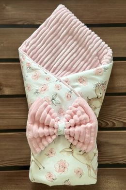 Теплый конверт-плед со съемным синтепоном и бантом, BabyStarTex, розовый плюш/олененок в цветах, Девочка, 90х80