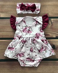Боди-платье короткий рукав Розочки + повязка Babystartex, бардовые крылышки, кулир, Девочка, 56-62