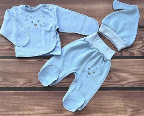 Комплект распашонка ползунки и шапочка в роддом BabyStarTex, футер, голубой/мордочка кошки, Мальчик, 62