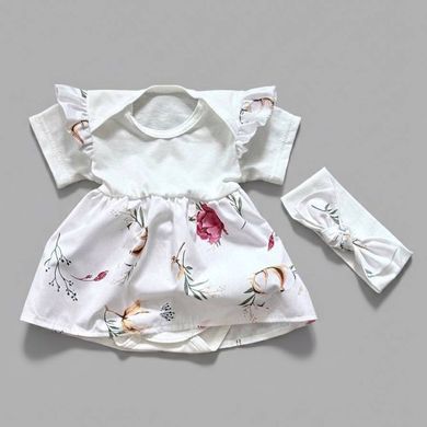 Боді-плаття короткий рукав Квіточки + пов'язка Babystartex, молочне, Дівчинка, 56-62