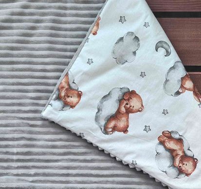 Теплий конверт-плед зі знімним синтепоном та бантом BabyStarTex, сірий плюш/ведмедики сплять на хмаринці, Хлопчик, 90х80