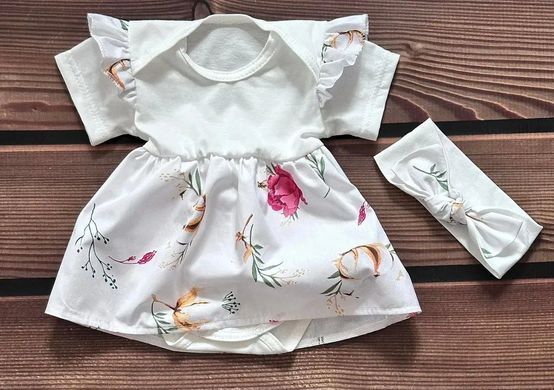 Боді-плаття короткий рукав Квіточки + пов'язка Babystartex, молочне, Дівчинка, 56-62