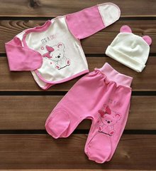 Комплект для новорожденного из 3-х предметов BabyStartex, интерлок, Девочка, розовый молочный впереди/мишка It's a girl, 56