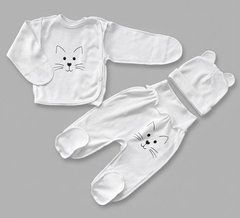 Комплект для новонародженого із 3-х предметів BabyStartex, інтерлок, білий/мордочка кішки, Унісекс, 56
