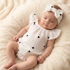 Боді + пов'язка для дівчинки Babystartex, муслін, молочное/сердечки чорні, Дівчинка, 56-62