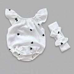 Боди + повязка для девочки Babystartex, муслин, молочное/сердечки черные, Девочка, 56-62