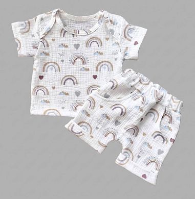 Комплект муслиновый футболка и шорты Радуга голубая и коричневая Babystartex, муслин, Мальчик, 56-62