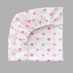 Простирадло для дитячого ліжечка на резинці Babystartex, 120х60см, бавовна, біла/серця рожеві та коричневі, Дівчинка