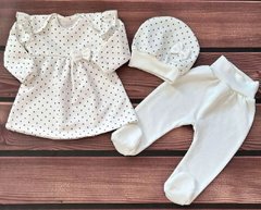 Комплект для дівчинки на виписку туніка повзунки та шапочка Babystartex, футер, молочний в горох, Дівчинка, 56-62
