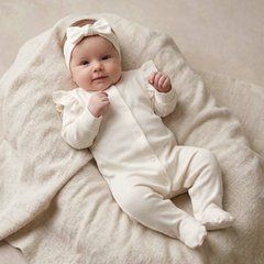 Комплект на выписку для девочки комбинезон и повязка Babystartex, интерлок, молочный, Девочка, молочный, 56