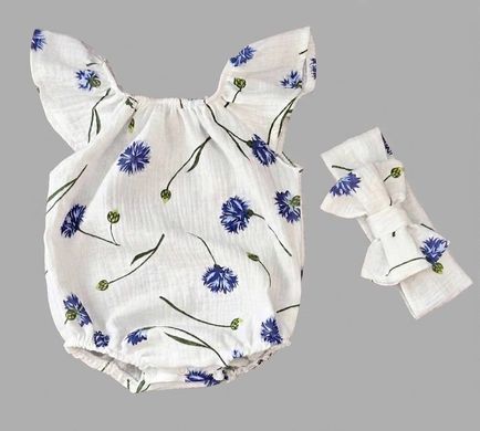 Боди + повязка для девочки Babystartex, муслин, белое/васильки, Девочка, 56-62