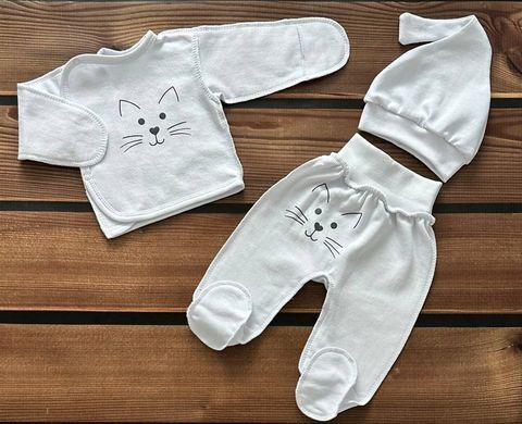 Комплект сорочечка повзунки шапочка Babystartex, футер, білий/морда кішки, Унісекс, 56