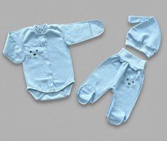 Комплект боді повзунки шапочка Babystartex, футер, блакитний/морда кота, Хлопчик, 56