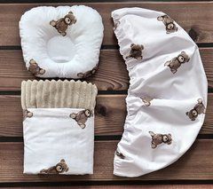 Набір для коляски наматрацник, подушка і ТЕПЛИЙ плед Babystartex, капучино плюш/ведмедики коричневі_новий, Хлопчик, для коляски