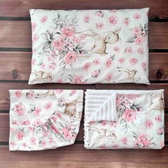 Комплект в детскую кровать (подушка+простынь+плюшевый плед) Babystartex, белый плюш/олененок с розами, Девочка