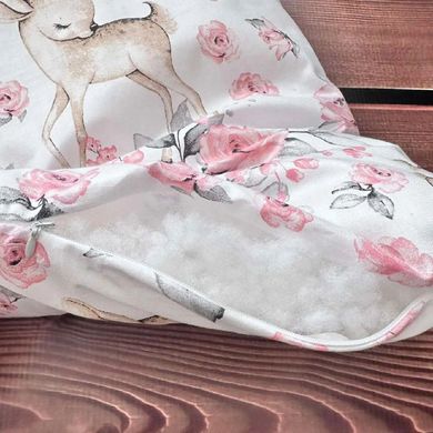Комплект в детскую кровать (подушка+простынь+плюшевый плед) Babystartex, белый плюш/олененок с розами, Девочка