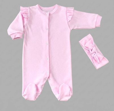 Комплект на виписку для дівчинки комбінезон та пов'язка Babystartex, інтерлок, рожевий, Дівчинка, 56