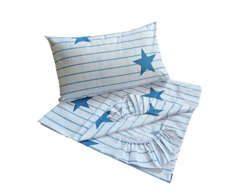 Комплект постільної білизни в дитяче ліжечко Біле/сині зірки смужки, бязь, Хлопчик