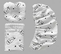 Набір для коляски наматрацник, подушка і плед Babystartex, білий плюш/пляшечки Мілк, Унісекс, для коляски