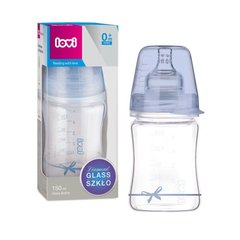 Бутылочка стеклянная для кормления Diamond Glass Baby Shower Lovi, 150 мл, Мальчик, Голубой, 150мл