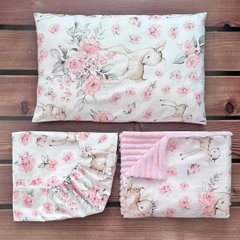 Комплект в детскую кровать (подушка+простынь+плюшевый плед) Babystartex, розовый плюш/олененок с розами, Девочка
