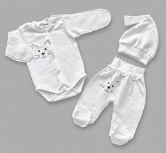 Комплект боді повзунки шапочка Babystartex, футер, білий/морда кота, Унісекс, 56