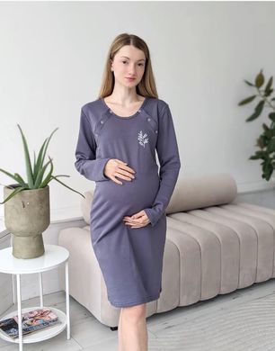 Теплая сорочка для беременных и кормящих LEAVES (фиолетово-серая), футер, 54-56