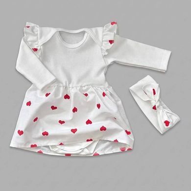 Боді-плаття довгий рукав Серця + пов'язка (молочний), Babystartex, інтерлок, Дівчинка, 56-62