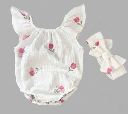 Боді + пов'язка для дівчинки Babystartex, муслін, молочне/тюльпани, Дівчинка, 56-62
