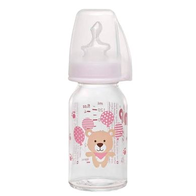 Пляшечка скляна антиколікова з силіконовою соскою Nip, 125 мл, Дівчинка, рожевий, 125мл