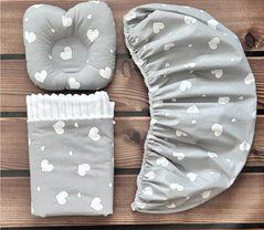 Набор для коляски наматрасник, подушка и плед Babystartex, белый плюш/серый сердечки белые, Унисекс, для коляски