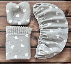Набор для коляски наматрасник, подушка и плед Babystartex, серый плюш/серый сердечки белые, Унисекс, для коляски