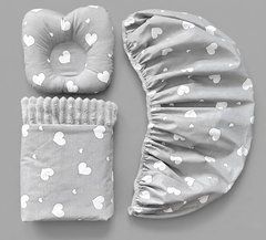 Набор для коляски наматрасник, подушка и плед Babystartex, серый плюш/серый сердечки белые, Унисекс, для коляски