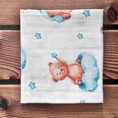 Пеленка муслиновая 2 слоя BabyStarTex, 80x90 см, белая/мишка на голубом облачке, Мальчик, 90х80