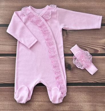 Комплект для девочки комбинезон и повязка с кружевом BabyStarTex, интерлок, розовый, Девочка, 62